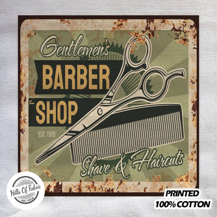 Gentleman's Barber Shop Haircut Shave Printed Fabric Panel for wholesale by Hills Of Fabric