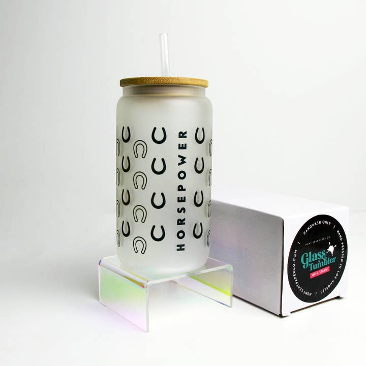 Hunt Seat Paper Co. - Wholesale Drinking glass/cup - Horsepower Glass Tumbler with Bamboo Lid and Straw2