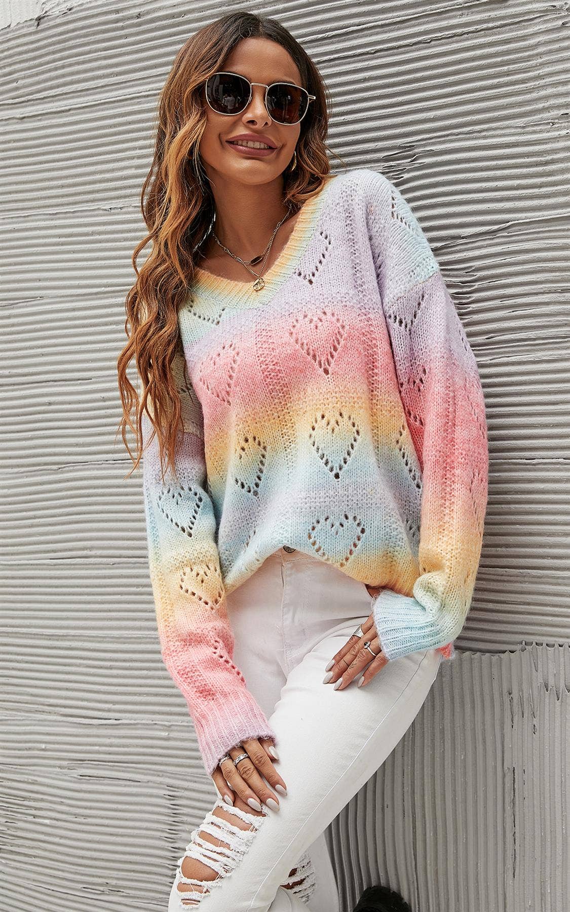 FS Collection (Germany) - Wholesale Knit Sweater - Women's - Heart Jumper Top In Pink Blue Yellow Rainbow2