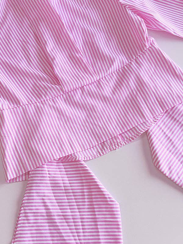 Sheer Trend - Wholesale Button Down Shirt - Women's - Long Sleeves Loose Asymmetric Split-Joint Striped Lapel Blouses9