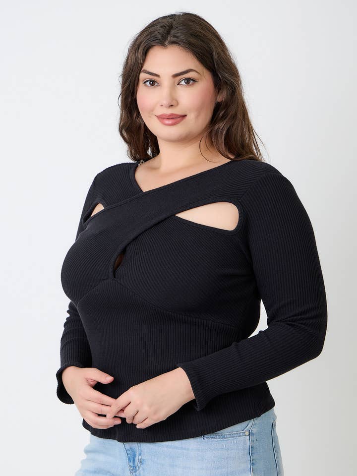 Plus Size Black Ribbed Cutout Long Sleeve Top JK18852-T for wholesale by Haute Fox Plus Size & Contemporary