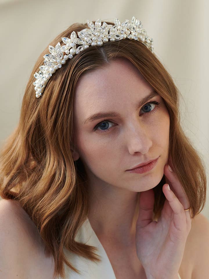 Zinnia Pearl Tiara for wholesale by Dareth Colburn Designs