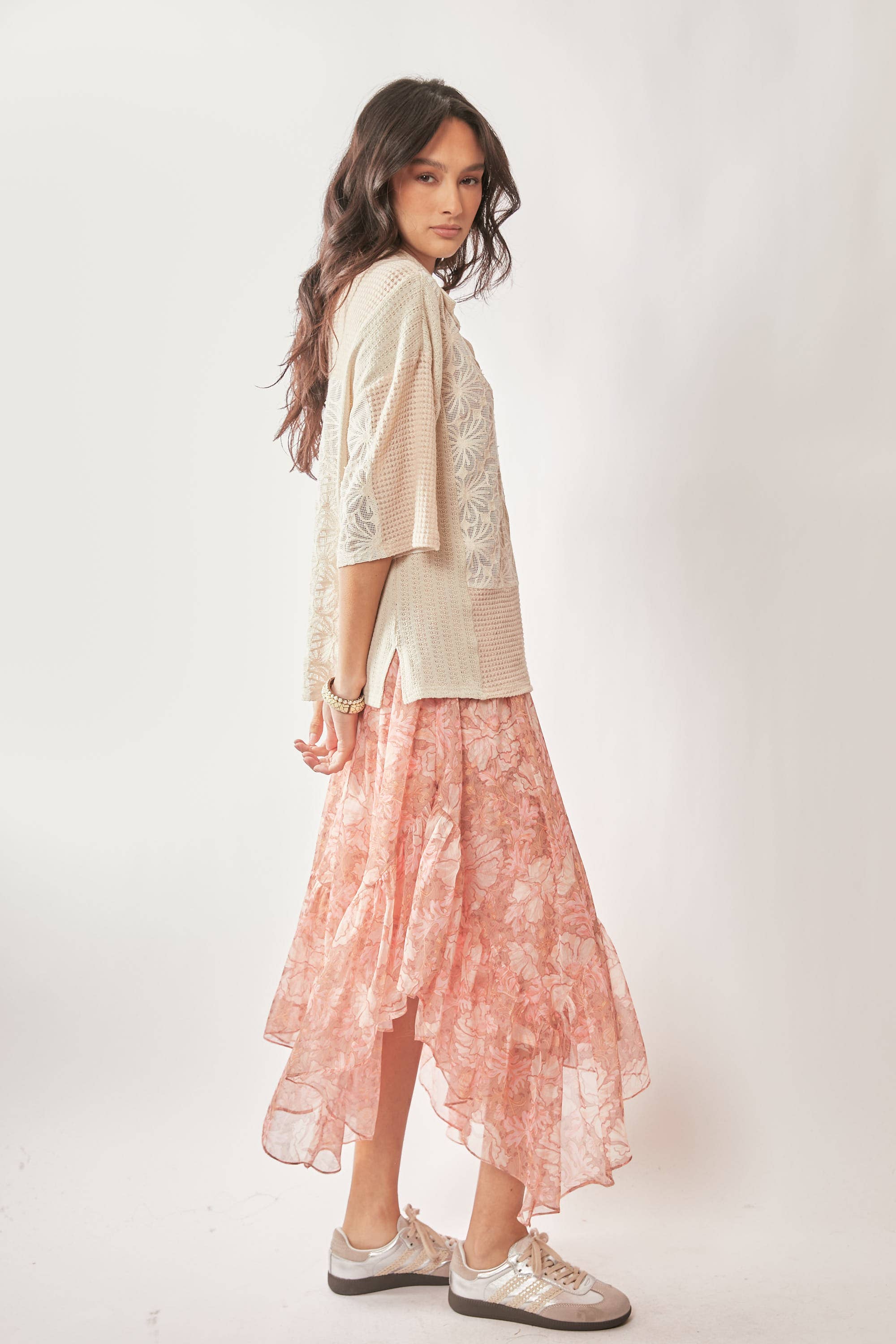 Cream Beige PLUS LACE MIXTURE COLLAR NECK SHORT SLEEVE TOP for wholesale on Faire6