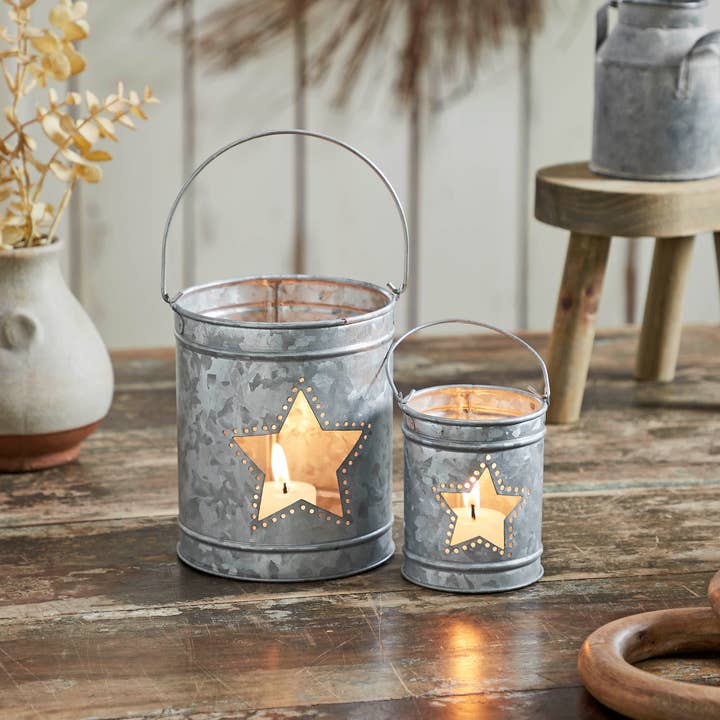 VHC Brands - Wholesale Candle Holder - Votive Candle Holder w/ Star Cutout Galvanized Set of 2 Sizes