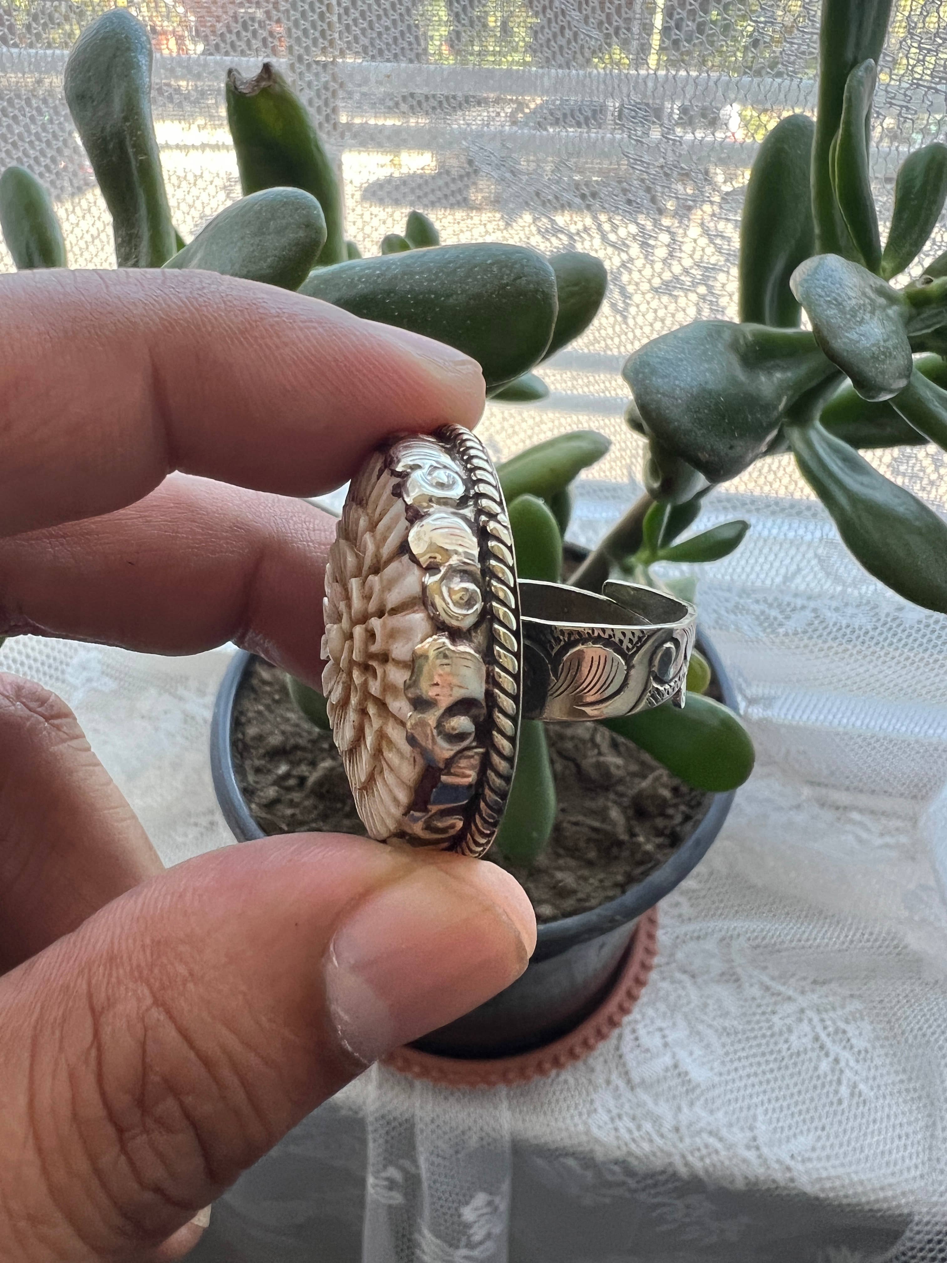 GTG Gems Corp - Wholesale Cocktail/Statement Ring - Bone carved Floral design adjustable ring1