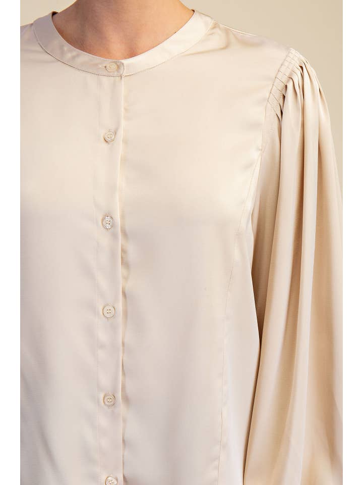 Glam - Wholesale Blouse - Women's - Round Neck Button Down Puff Long Sleeve Satin Top19