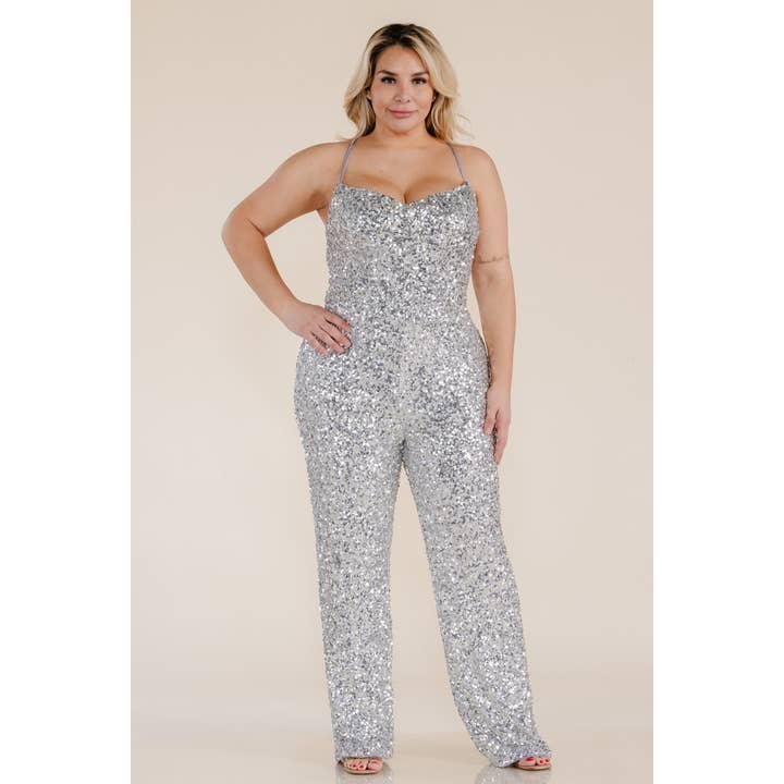 Curve Market - Wholesale Jumpsuit - Women's - PLUS SIZE SEQUIN COWL NECK CRISS CROSS BACK STRAGHT LEG JUMP3