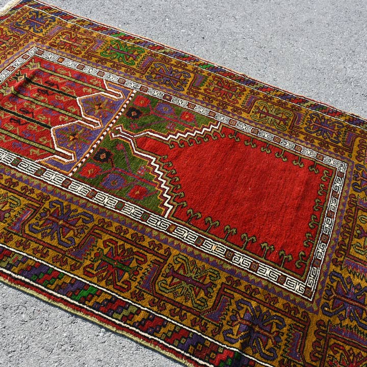 4,4x7 ft vloerkleed, vintage Turks vloerkleed, rood-geel gerand wollen vloerkleed voor wholesale door Vintage Rugs Loom
