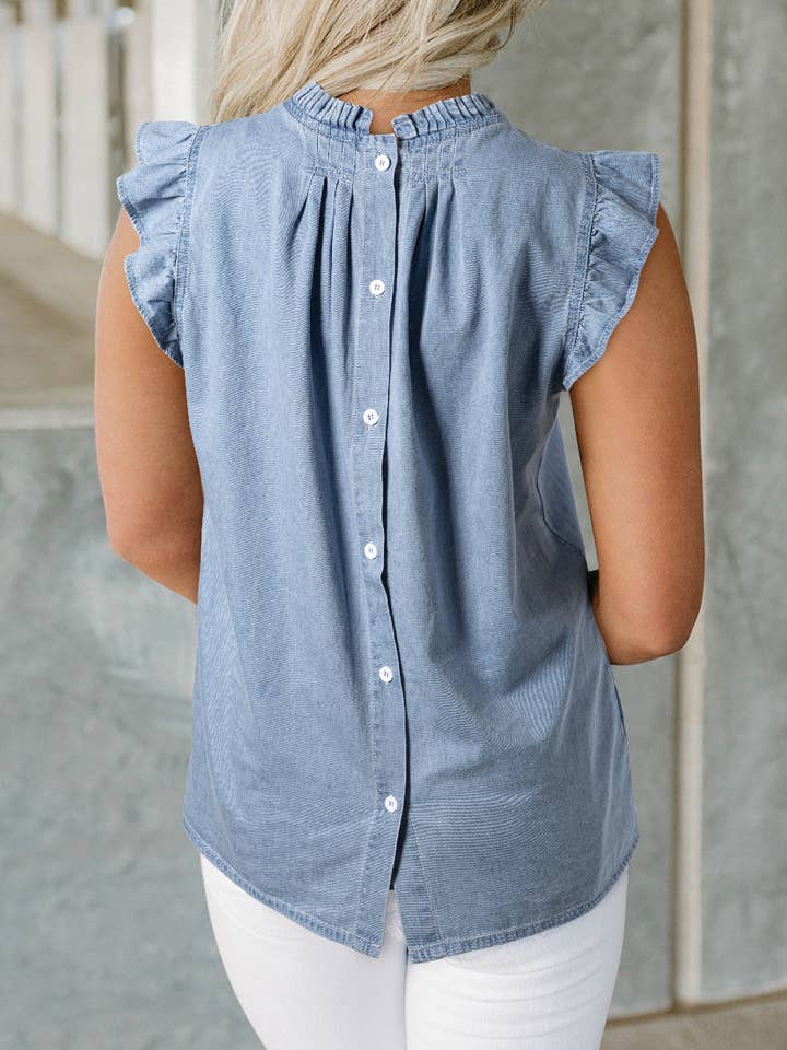 Blue Frilly Pleated Button Back Retro Chambray Top for wholesale on Faire1