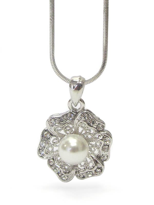 ( WX1171 ) CRYSTAL PEARL FLOWER PENDANT NECKLACE for wholesale by Jewelry Max