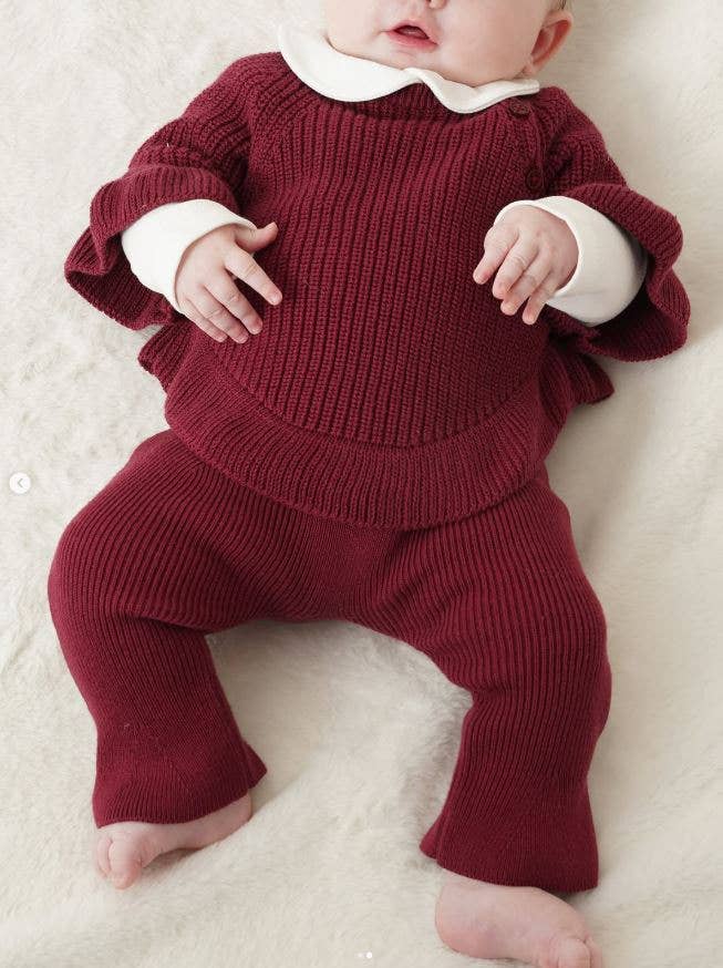 Nipperland - Wholesale Clothing Set - Baby - 3-Pc Knit Baby Girl Set (Sweater + Bodysuit + Pant) Burgundy0