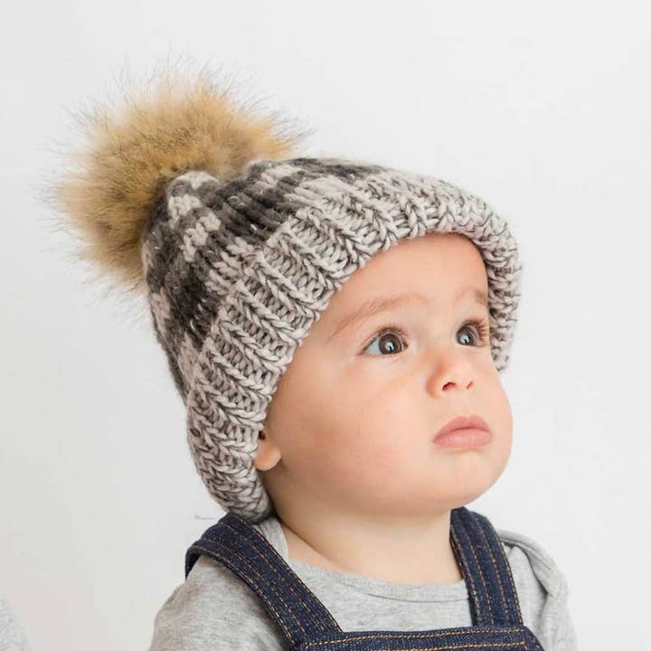 Huggalugs - Wholesale Beanie - Kids - Grey Buffalo Check Pom Pom Beanie Hat Baby & Kids