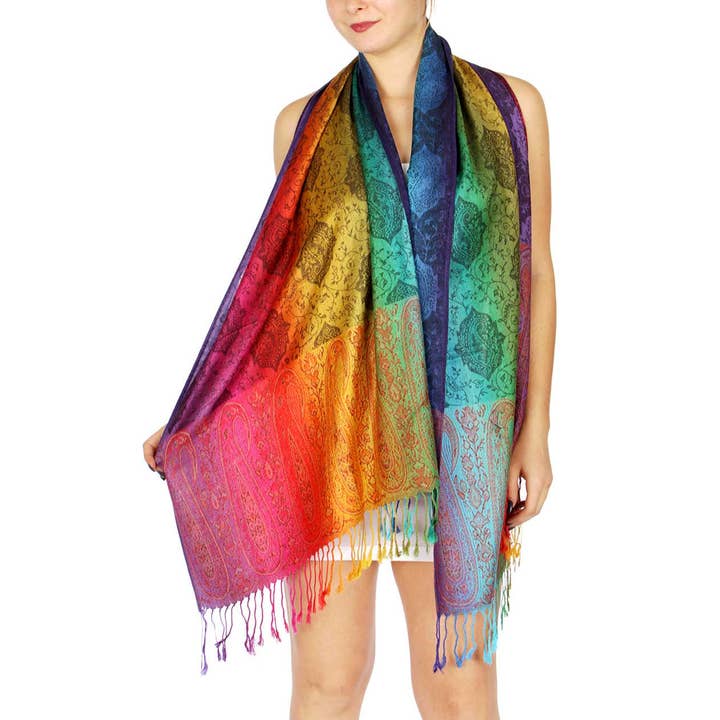 SERENITA - Wholesale Scarf – Women's - Pashmina Scarf Paisley Rainbow Reversible Shawl Wraps 6 Pack4