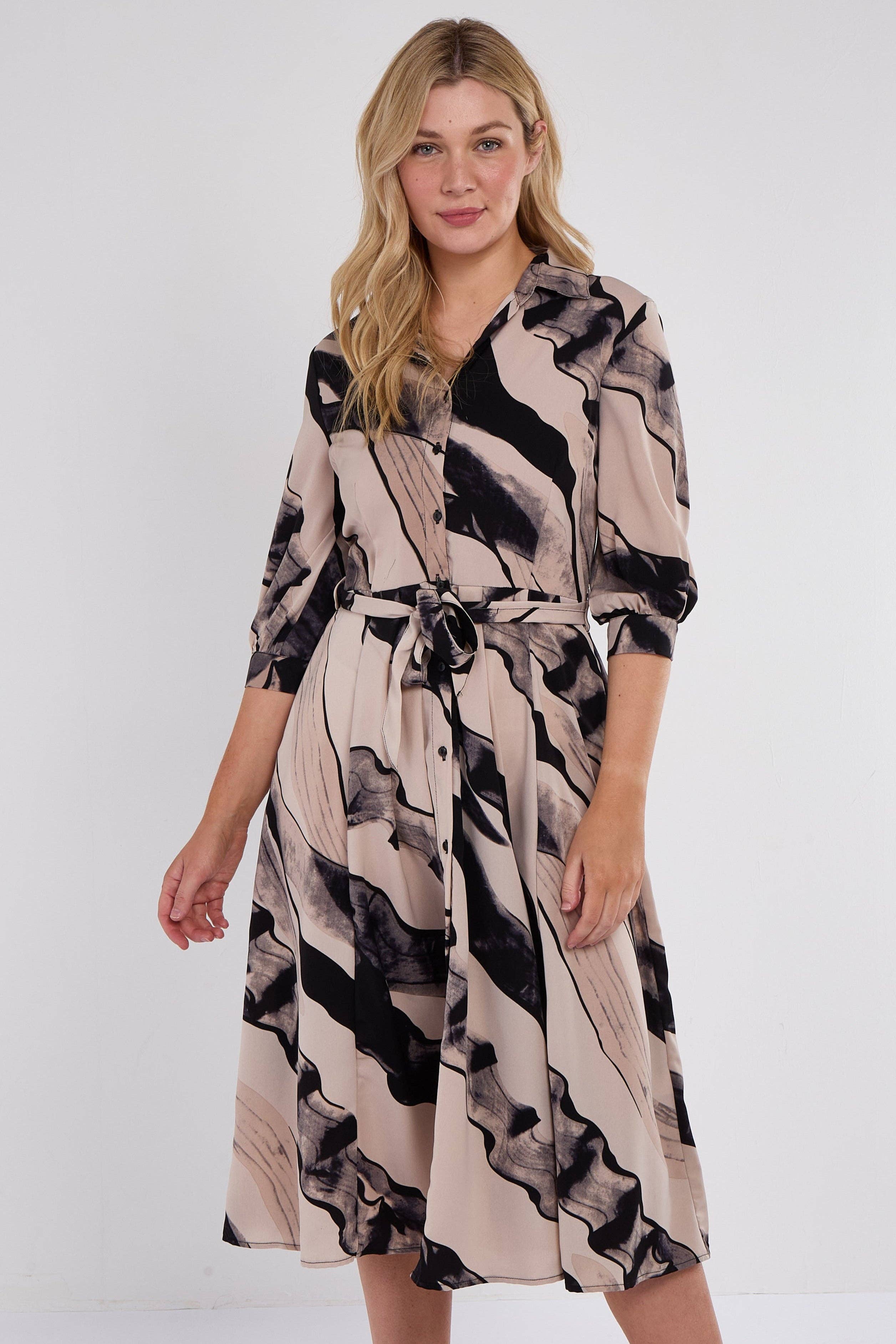 beige Abito camicia midi nero a mezza manica con stampa astratta beige in vendita all'ingrosso su Faire5