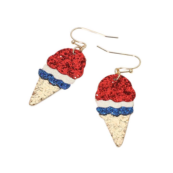 Sensibling Corp. – wholesale Hängande örhängen – Glittriga amerikanska USA-flagga glassstrut dinglande örhängen1