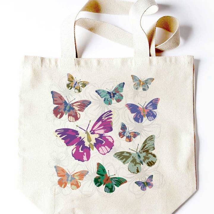 Colorful Butterflies on Floral Outlines Tote for wholesale by Potluck Press