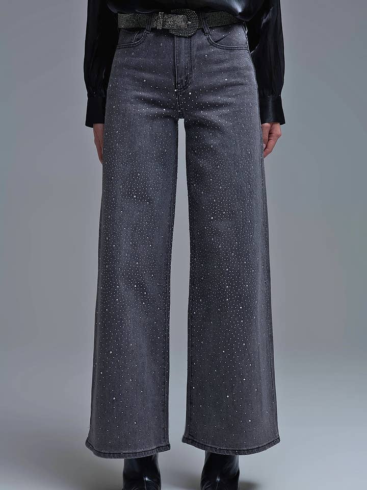 Schwarze Strass-Jeans mit weitem Bein für den Großhandel von Q2—All Orders:Free Duties for the US,UK,and Canada