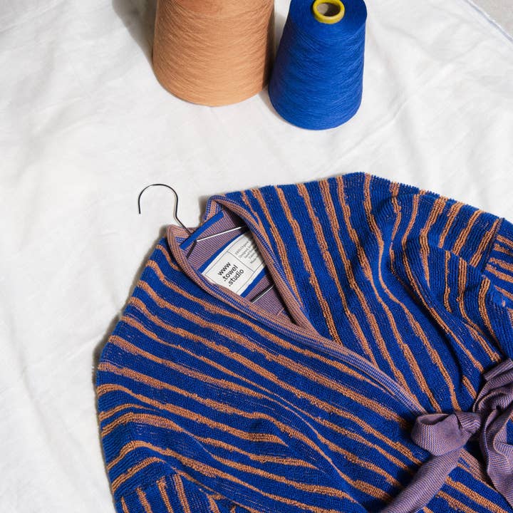 Stripe Bathrobe | Azure & Chestnut for wholesale by towel.studio