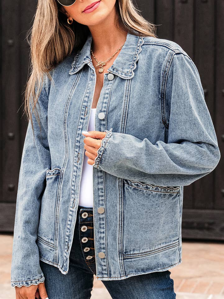 Scallop Trim Collar Patched Pocket Button Up Denim Jacket for wholesale by FULL TIME PURCHASE