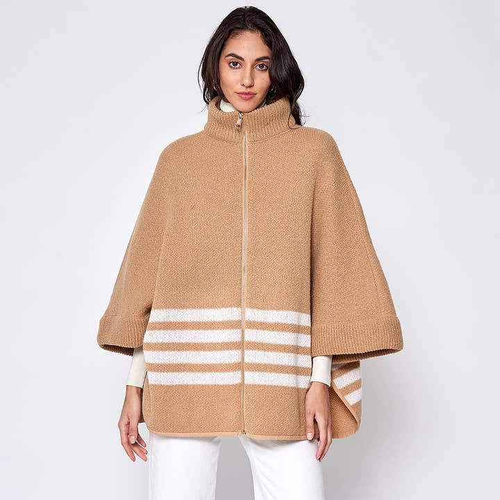 Sensibling Corp. - Wholesale Poncho - Women's - Sporty Bordered Zip Up Knit Cape Poncho4