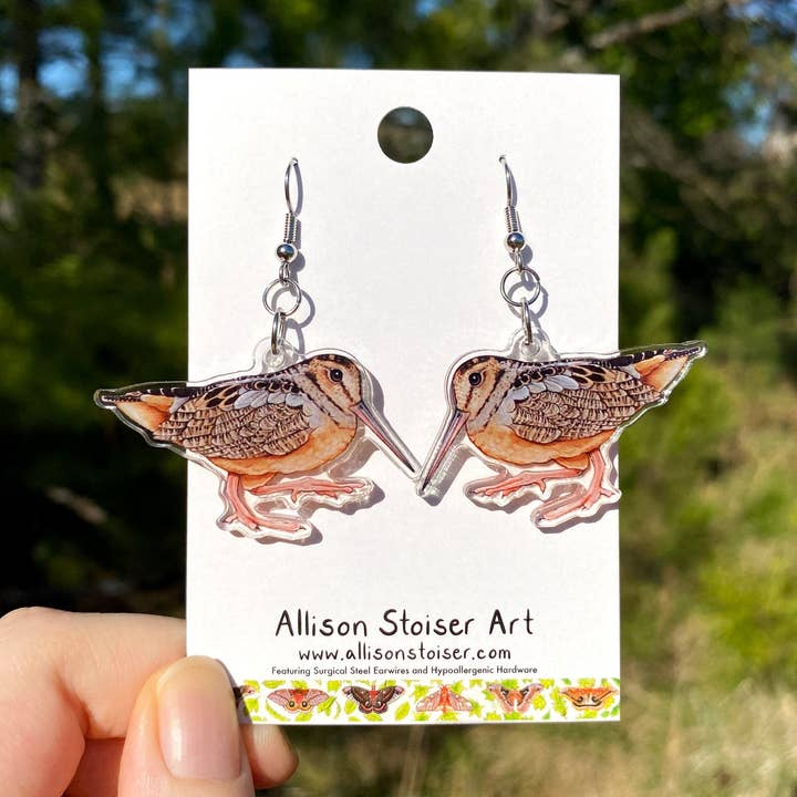 Boucles d'oreilles en acrylique Bécasse d'Amérique pour la vente par Allison Stoiser Art