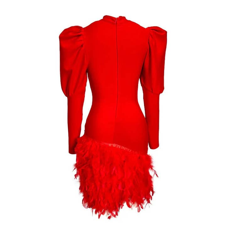 Productseeker - Wholesale Dress - Women's - DR334 Chic Red Feathered Bandage Dress