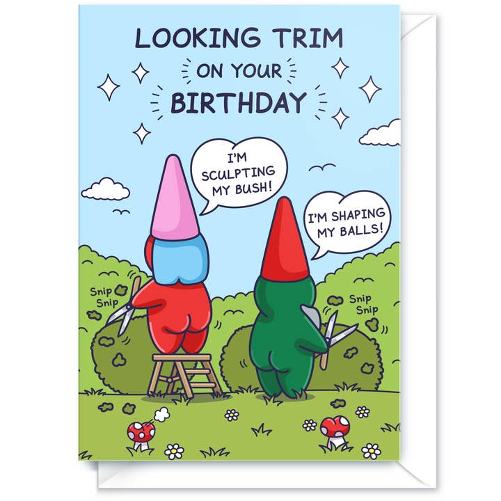 Cheeky Legends - Wholesale Birthday Card - Funny Birthday Card - Trimming Her Bush and His Balls - Garden Gnomes4