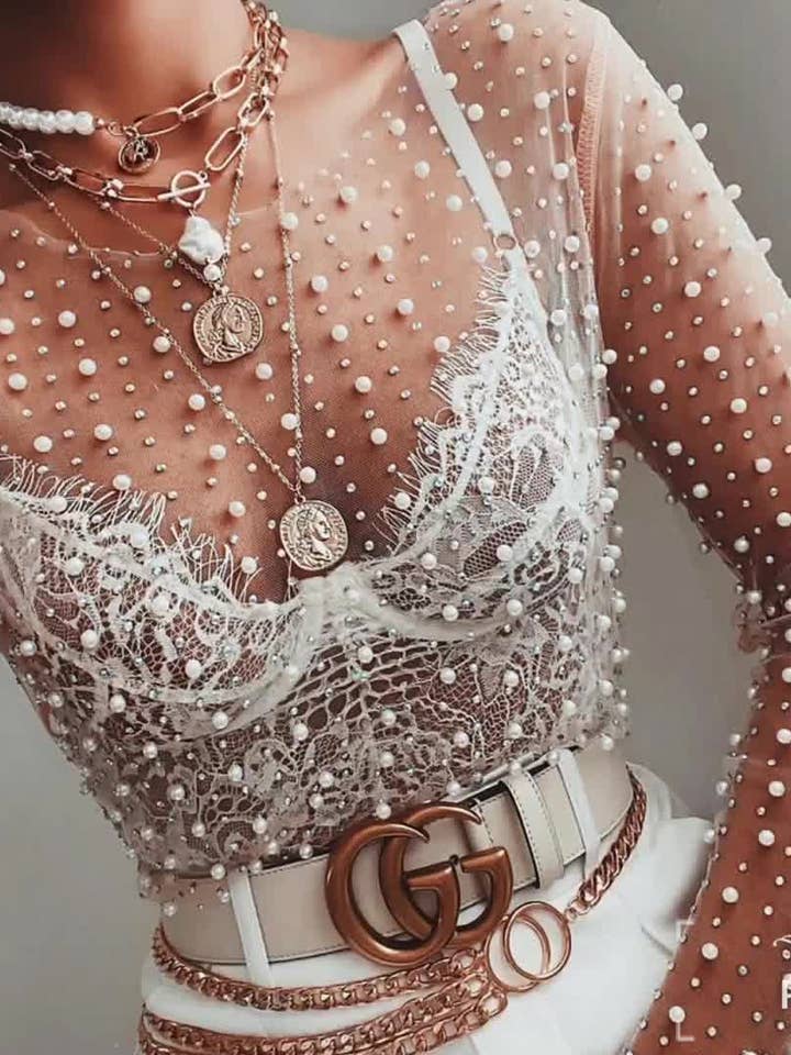Sweetkama - Wholesale Blouse - Women's - Pearl Rhinestone Studded See Through Mesh Crop Top SKT1976