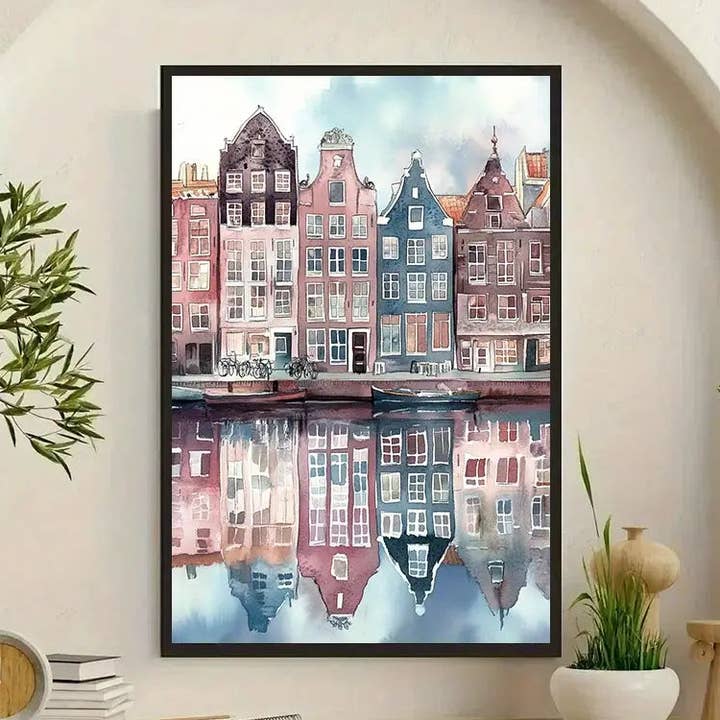 Watercolor Amsterdam Cityscape Canvas – Vibrant European Wall Art for Home & Office for wholesale by Huis Van Merken