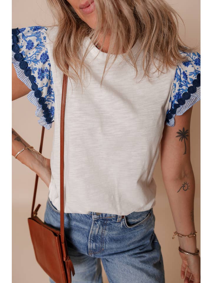 Little Daisy Closet - Wholesale Blouse - Women's - LDC Ricrac Trim Flutter Sleeve Contrast Patchwork Blouse