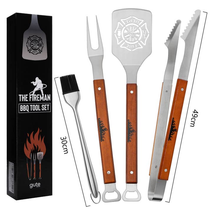 The Wine Savant / Khen Glassware - Wholesale Outdoor Grill Tools - Firefighter Gift BBQ Grilling Set, 4 Piece Stainless Steel4