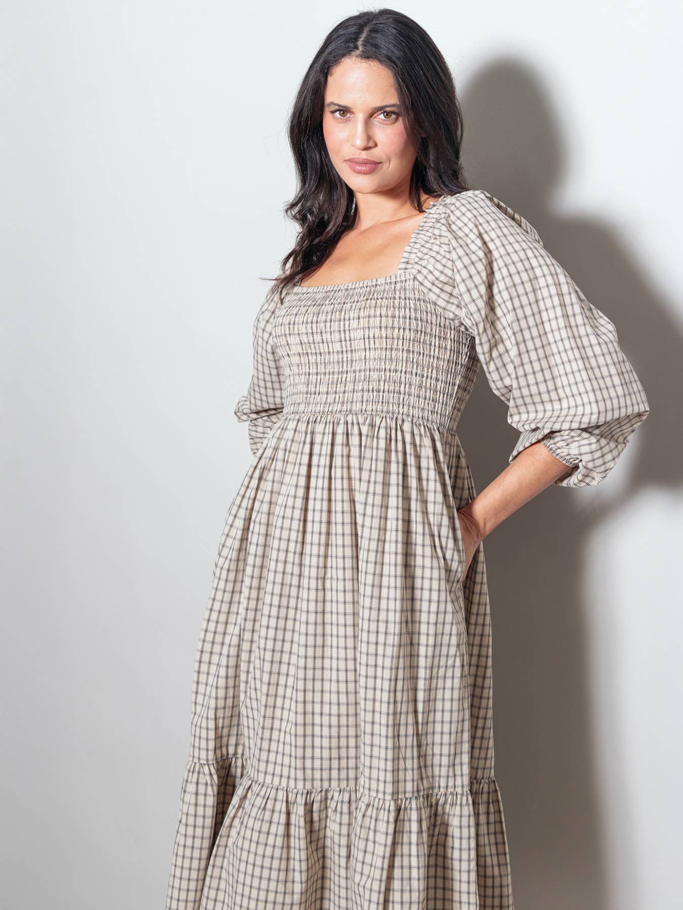 Elloh Collection - Wholesale Dress - Women's - Square Neck Checkered Plaid Smocked Chest Cotton Maxi Dress3