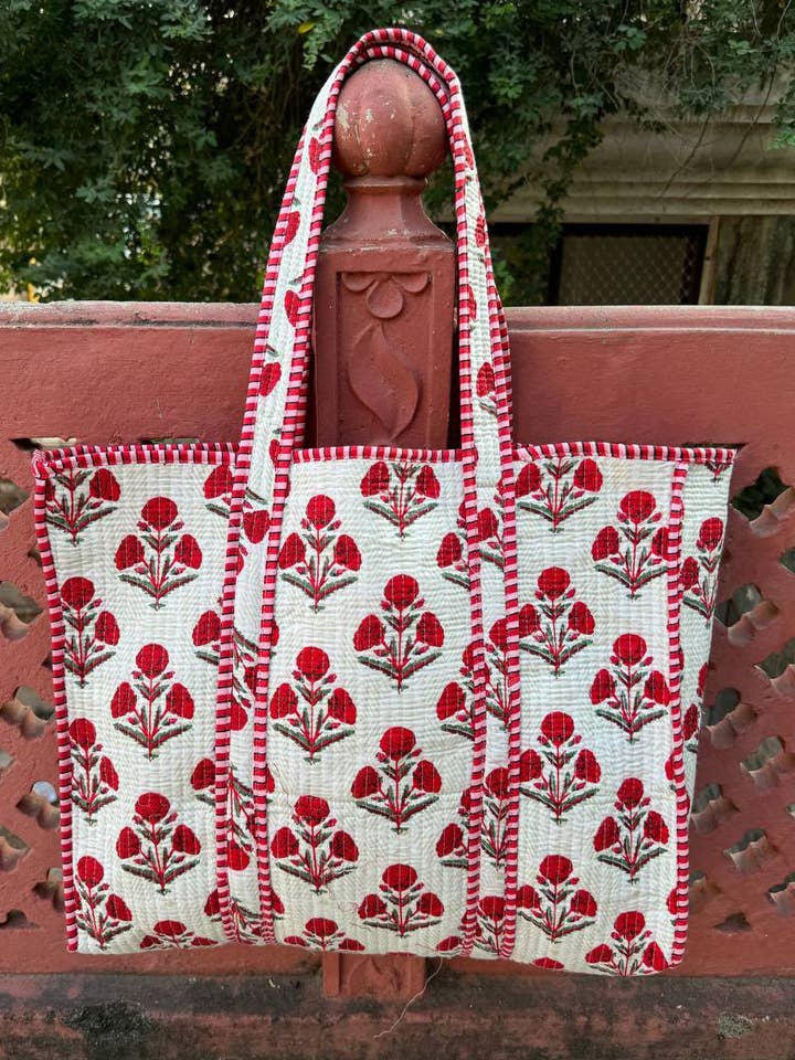 White Quilted Indian Cotton Bag Beautiful Floral Printed Bag for wholesale by Bhawana Handicrafts