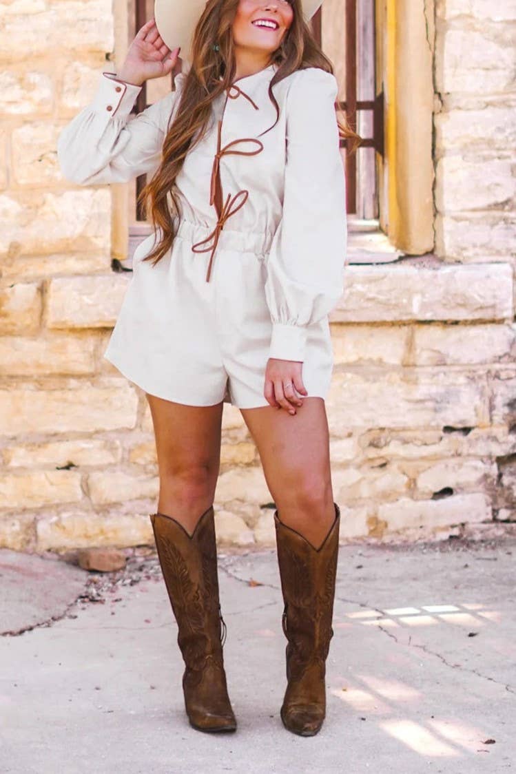 Rosa Clothing - Wholesale Romper - Women's - contrast bow tie front closure long sleeve romper20