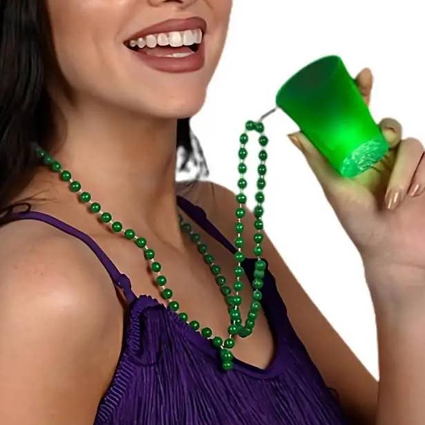 Light Up Green Shot Glass on Green Beaded Necklaces for wholesale by Blinkee.com, LLC