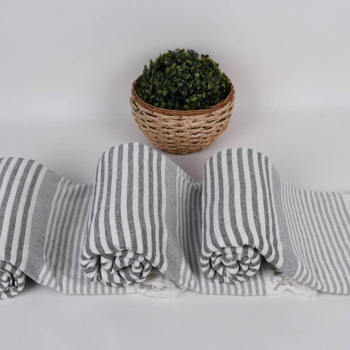 Organic Turkish Towels - Wholesale Beach towel - Monogrammed Striped Black Beach Towel8