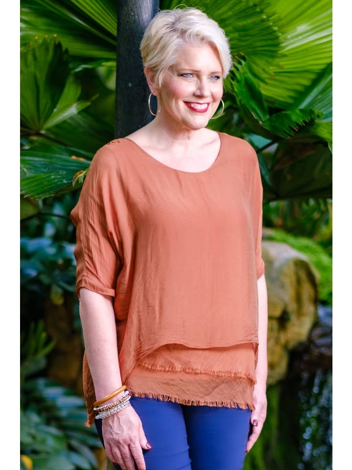 TINA Stephens Italy/Tees By Tina - Wholesale Blouse - Women's - Adriana Silk Double Raw Edge Top (BQ209)1