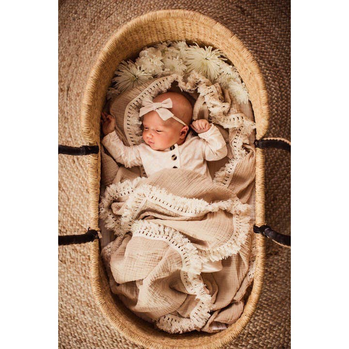 Harp Angel Boutique - Wholesale Swaddle - Baby - Fringe Swaddle Blanket - Tan2
