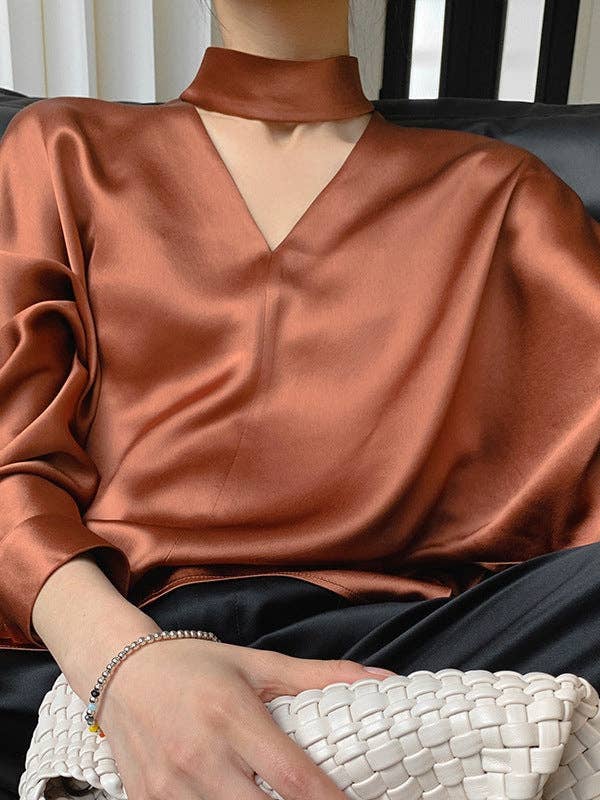 KK Bloom - Wholesale Blouse - Women's - Long Sleeves Loose Hollow Shiny Solid Color V-Neck Blouses&Shirts Tops