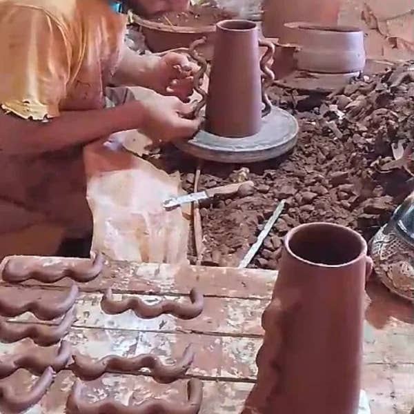 High crafty - Wholesale Vase - Handmade Striped Ceramic Vase with Wavy Handles – 22.5 cm1