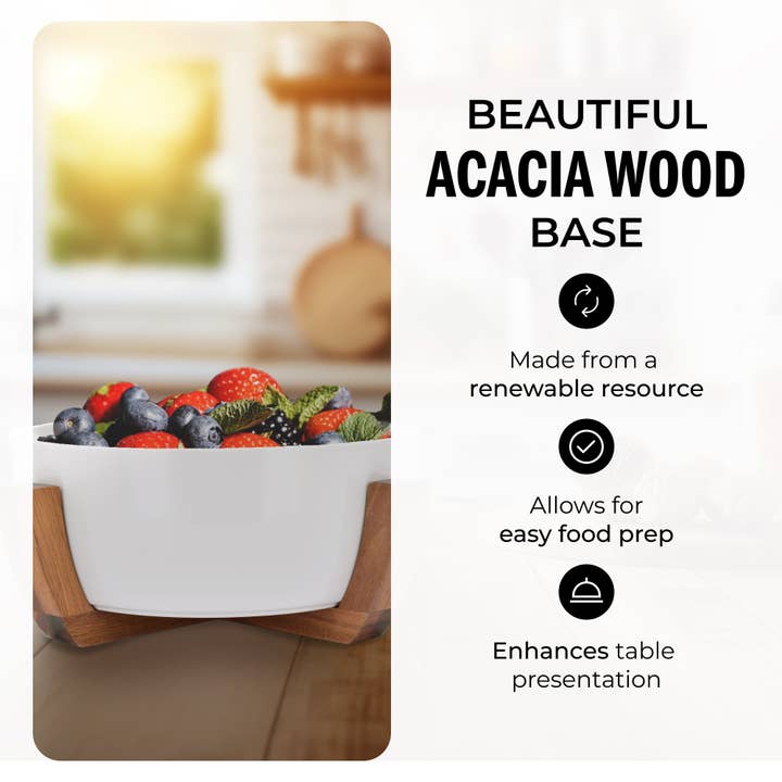 DUKA - Wholesale Serve Bowl - 101 oz White Porcelain Salad Bowl with Wood Base2