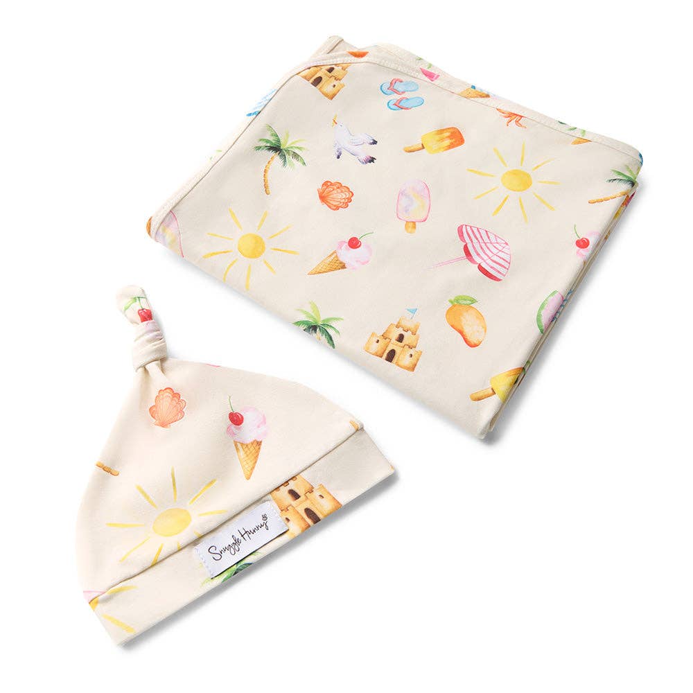 Snuggle Hunny - Vente Ensemble de langes – bébé - Ensemble de couverture et bonnet en jersey biologique Beach Fun1