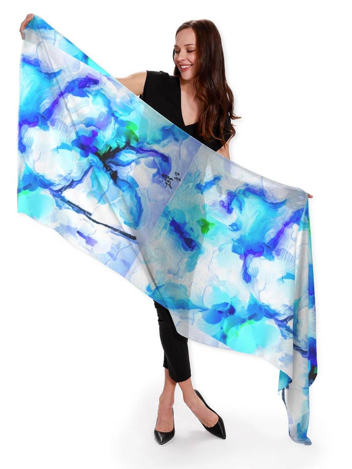 Bufanda de seda de cachemir «Orchids Turquoise» para venta al por mayor de Lady Barbara Pinson Artist