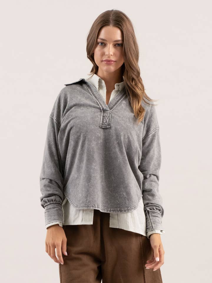 Blu Pepper - Wholesale Knit Top - Women's - WASHED COLLARED LONG SLEEVE KNIT TOP