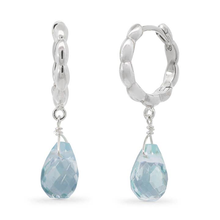 Textured Huggie Hoops with Aquamarine Glass (LB 4478AQG) for wholesale by Boma Jewelry