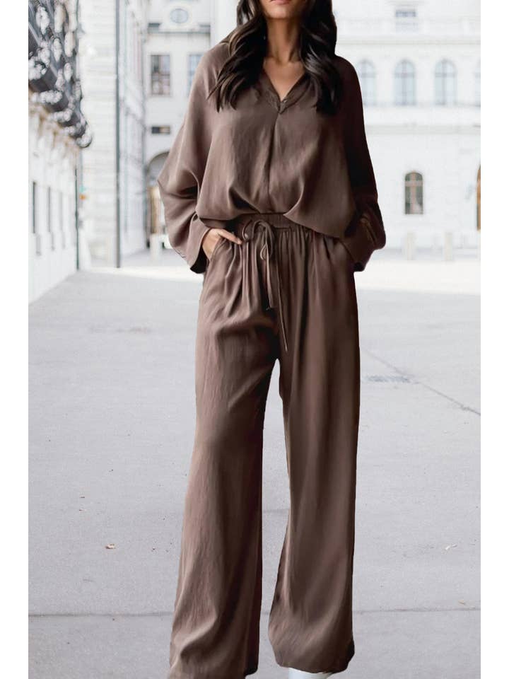 Dark Brown Braided V Neck Top & Drawstring Pants 2pcs Outfit | S-XL for wholesale on Faire