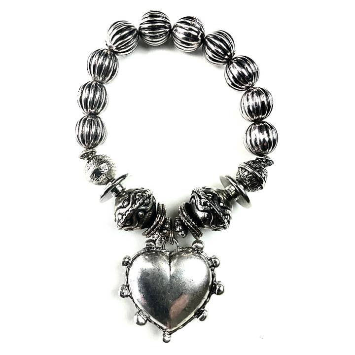 Lost & Found Trading - Wholesale Beaded Bracelet - BR MIXED BEADED STRETCH W/PUFFED HEART DANGLE