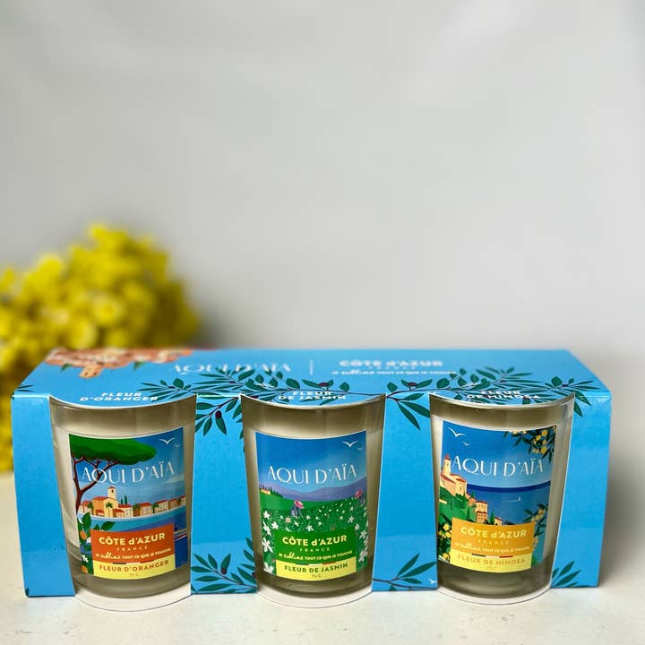 Trio de bougies Aqui d'Aïa X Côte d'Azur France pour la vente par MAITRE SAVONITTO