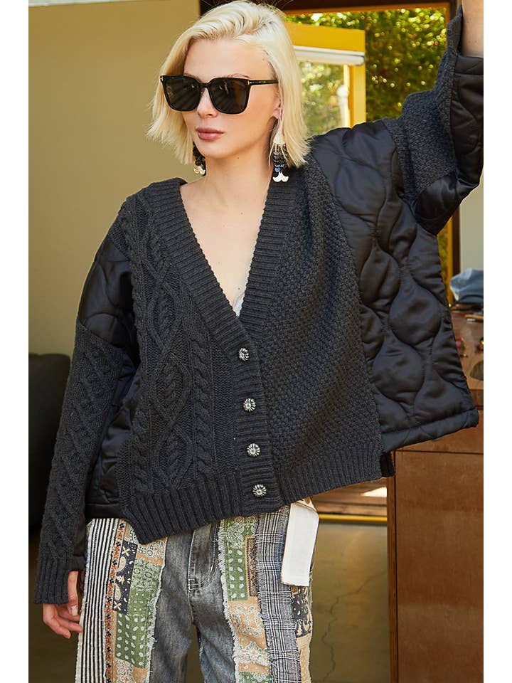 Pol Clothing - Wholesale Cardigan - Women's - Quilting patch contrast solid button down sweater SALE