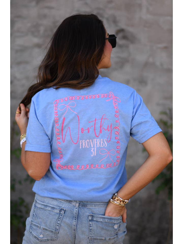 Heather Blue Worthy Bow Tee for wholesale on Faire